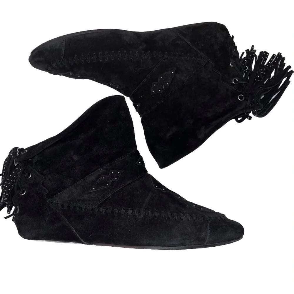 Saint Laurent Black Ankle Boots Suede Studded Moccasin Booties 9 Boho Casual 🟡